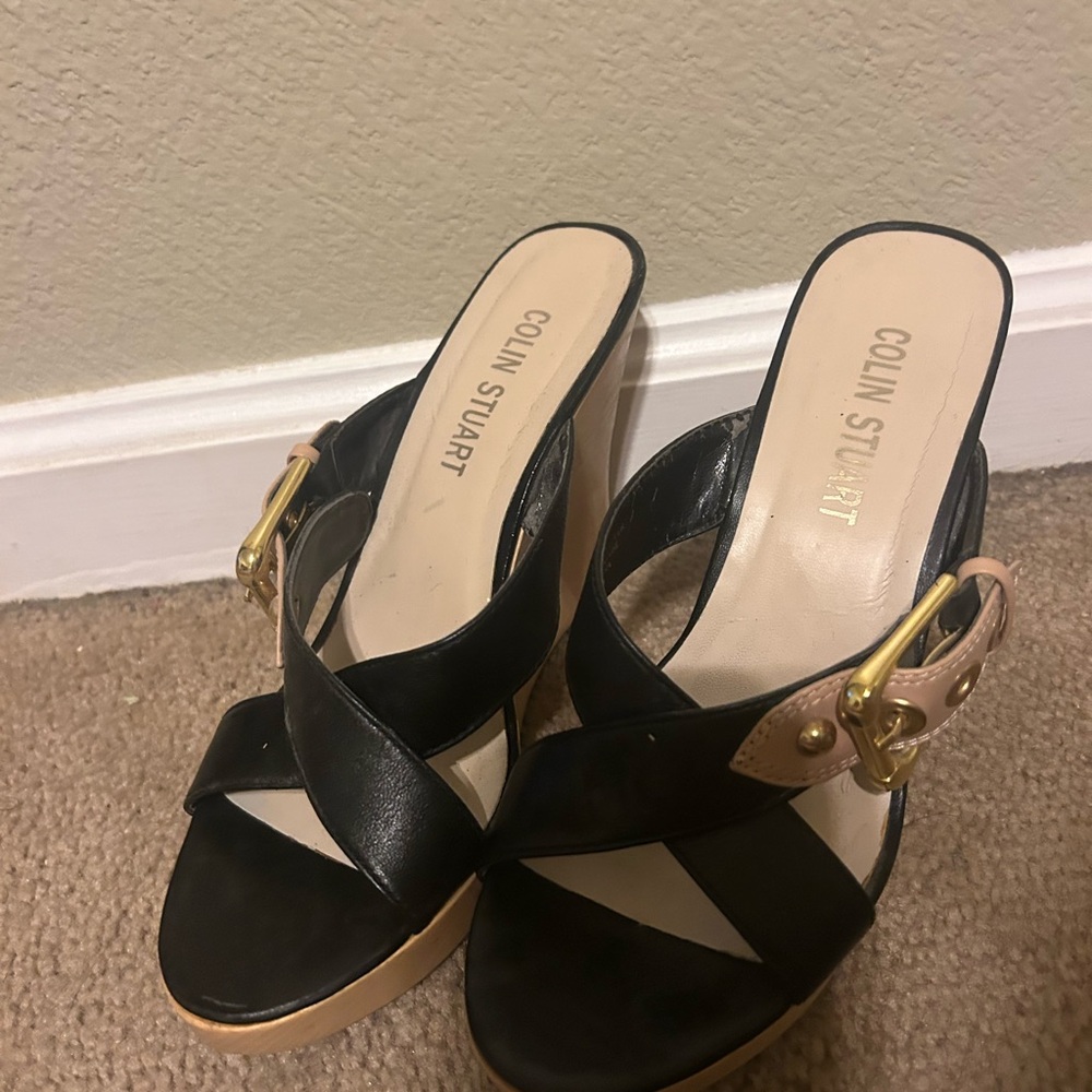 Colin Stuart Black and Cream Mules with Gold Buckle